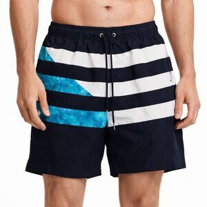 Lands' End Navy and White Striped Swim Shorts with Teal Accents